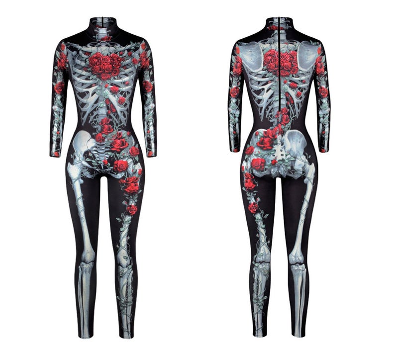 URVIP Women Halloween Skeleton Costume Stretch Skinny Catsuit Jumpsuit Bodysuit Color-BAX-008 M - Image 3